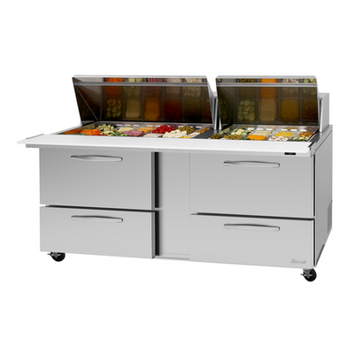 Turbo Air PST-72-30-D4-N-SL 23 Cu. Ft. Two-Section Stainless Steel PRO Series Mega Top Sandwich or Salad Prep Table with Slide Lids - 115 Volts