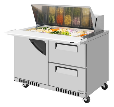Turbo Air TST-48SD-18-D2R(L)-FB-N 11.1 Cu. Ft. Two-Section Stainless Steel Super Deluxe Sandwich or Salad Mega Top Unit - 115 Volts