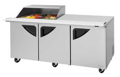 Turbo Air TST-72SD-15M-N-SL(-LW) 23 Cu. Ft. Three-Section Stainless Steel Super Deluxe Sandwich or Salad Mega Prep Work Station with Slide-Back Lid - 115 Volts