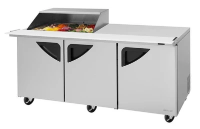 Turbo Air TST-72SD-15M-N-SL(-LW) 23 Cu. Ft. Three-Section Stainless Steel Super Deluxe Sandwich or Salad Mega Prep Work Station with Slide-Back Lid - 115 Volts