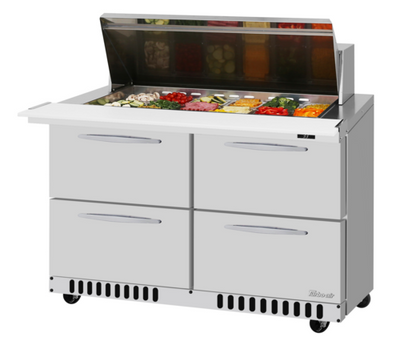 Turbo Air PST-48-18-D4-FB-N 11.1 Cu. Ft. Two-Section Stainless Steel PRO Series Mega Top Sandwich or Salad Prep Table - 115 Volts