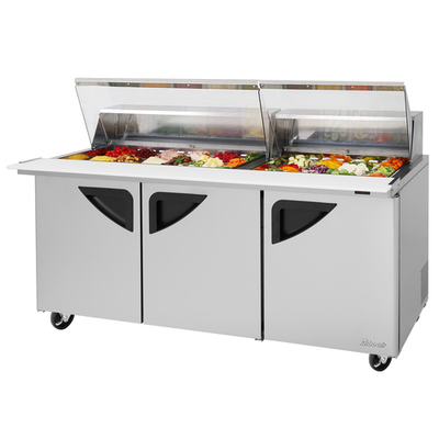 Turbo Air TST-72SD-30-N-CL 23 Cu. Ft. Three-Section Stainless Steel Super Deluxe Sandwich or Salad Mega Top Unit with Clear Lids - 115 Volts