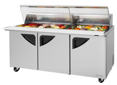 Turbo Air TST-72SD-30-N-CL 23 Cu. Ft. Three-Section Stainless Steel Super Deluxe Sandwich or Salad Mega Top Unit with Clear Lids - 115 Volts