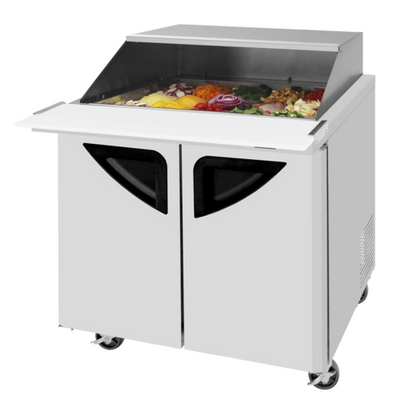 Turbo Air TST-36SD-15-N-SL 9 Cu. Ft. Two-Section Stainless Steel Super Deluxe Sandwich or Salad Mega Top Unit with Slide-Back Lid - 115 Volts