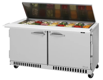 Turbo Air PST-60-24-FB-N-FL 14.8 Cu. Ft. Two-Section Stainless Steel PRO Series Mega Top Sandwich or Salad Prep Table with Flat Lid - 115 Volts