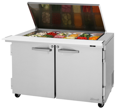 Turbo Air PST-48-18-N-FL 15 Cu. Ft. Two-Section Stainless Steel PRO Series Mega Top Sandwich or Salad Prep Table with Flat Lid - 115 Volts