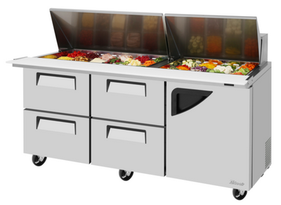 Turbo Air TST-72SD-30-D4R-N 23 Cu. Ft. Two-Section Stainless Steel Super Deluxe Sandwich or Salad Mega Top Unit - 115 Volts