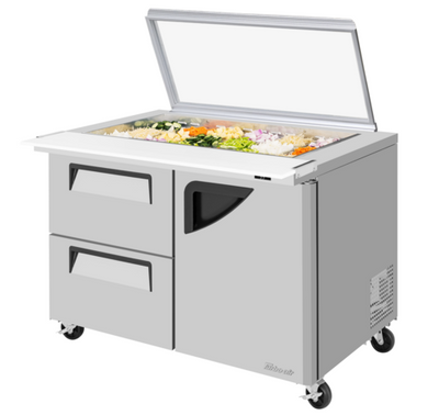 Turbo Air TST-48SD-18-D2R-N-GL 15 Cu. Ft. Two-Section Stainless Steel Super Deluxe Sandwich or Salad Mega Top Unit with Glass Lid - 115 Volts