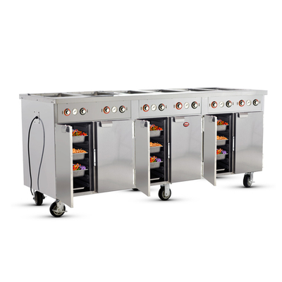 FWE HLC-6W6-7H-42-DRN 103.25" W Stainless Steel Mobile Handy Line Serving Cabinet - 220-240 Volts