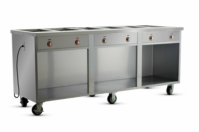 FWE HLC-6W6-1-DRN 86" W Stainless Steel Mobile Handy Line Serving Cabinet - 220-240 Volts