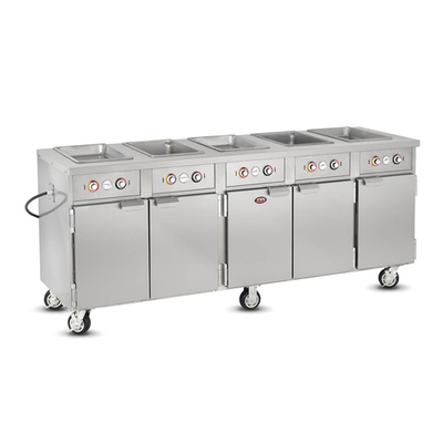 FWE HLC-5W6-7H-35-DRN 86" W Stainless Steel Mobile Handy Line Serving Cabinet - 220-240 Volts