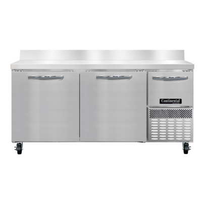 Continental Refrigerator RA68SNBS 17.6 Cu. Ft. Stainless Steel 3 Doors Refrigerated Base Shallow Depth Worktop Unit with 6" Backsplash - 115 Volts