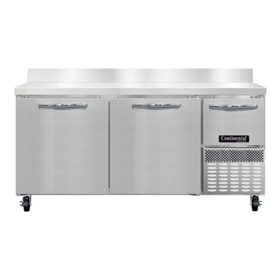 Continental Refrigerator RA68SNBS 17.6 Cu. Ft. Stainless Steel 3 Doors Refrigerated Base Shallow Depth Worktop Unit with 6" Backsplash - 115 Volts
