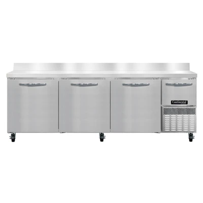 Continental Refrigerator RA93SNBS 25.6 Cu. Ft. Stainless Steel 4 Doors Refrigerated Base Shallow Depth Worktop Unit with 6" Backsplash - 115 Volts