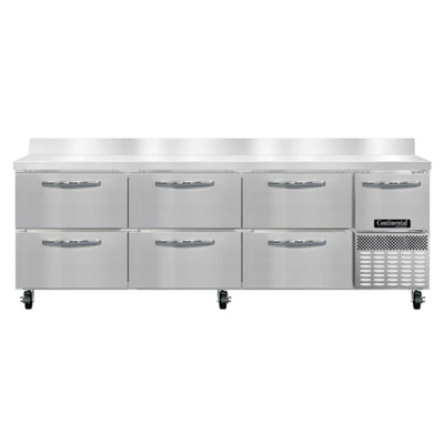 Continental Refrigerator RA93SNBS-D 25.6 Cu. Ft. Stainless Steel 1 Door and 6 Drawers Refrigerated Base Shallow Depth Worktop Unit with 6" Backsplash - 115 Volts