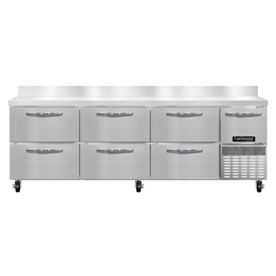 Continental Refrigerator RA93SNBS-D 25.6 Cu. Ft. Stainless Steel 1 Door and 6 Drawers Refrigerated Base Shallow Depth Worktop Unit with 6" Backsplash - 115 Volts