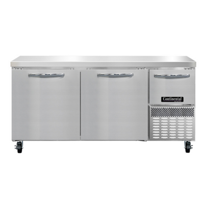 Continental Refrigerator RA68SN 17.6 Cu. Ft. Stainless Steel 3 Doors Refrigerated Base Shallow Depth Worktop Unit - 115 Volts