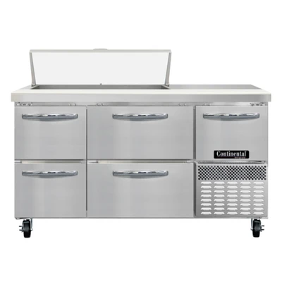 Continental Refrigerator RA60SN10-D 60" W Stainless Steel Refrigerated Base Shallow Depth Sandwich Unit - 115 Volts