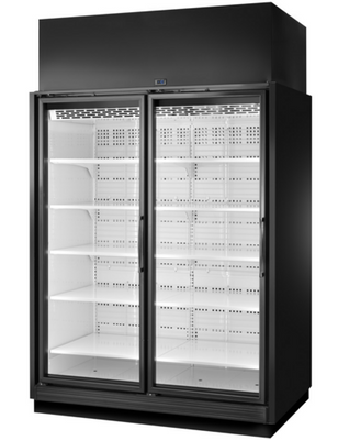 True TRM2L-YN-BLK-WHT-1BLKRR-4 77.9 Cu. Ft. Black Aluminum 2 Sections Refrigerated Merchandiser - 208-240 Volts