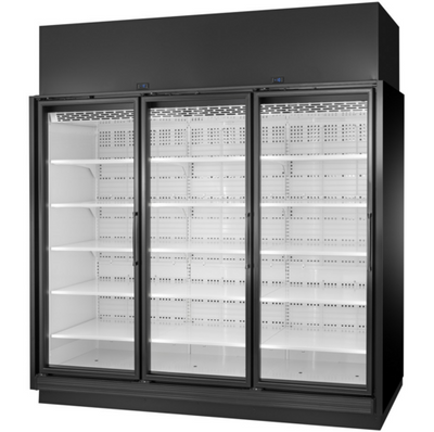 True TRM3L-YN-BLK-WHT-1BLKLLL-4 116.2 Cu. Ft. Black Three-Section Low Temp Refrigerated Merchandiser - 208-240 Volts