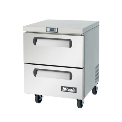 Migali C-U27R-D-HC 6.5 Cu. Ft. Stainless Steel Two-Section Undercounter Work Top Refrigerator - 115 Volts
