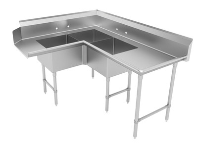 Advance Tabco DTC-3-K20-96L 95" L Stainless Steel 16 Gauge Corner Dishtable with 3-Compartment Sink
