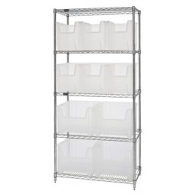 Quantum WR5-600800CL 36" W x 18" D x 74" H Includes 10 Clear Bins Chrome Plated Bin Wire Shelving System