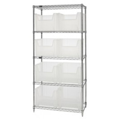 Quantum WR5-800CL 36" W x 18" D x 74" H Includes 8 Clear Bins Chrome Plated Bin Wire Shelving System