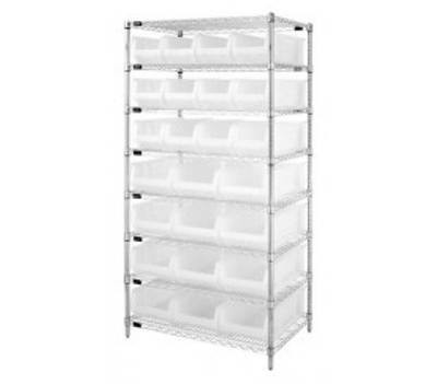 Quantum WR8-950952CL 36" W x 24" D x 74" H Chrome Plated Finish Bin Wire Shelving System