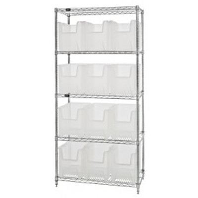 Quantum WR5-600CL 36" W x 18" D x 74" H Includes 12 Clear Bins Chrome Plated Bin Wire Shelving System