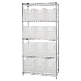 Quantum WR5-600CL 36" W x 18" D x 74" H Includes 12 Clear Bins Chrome Plated Bin Wire Shelving System