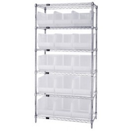 Quantum WR6-260CL 36" W x 18" D x 74" H Includes 15 Clear Containers Chrome Plated Bin Wire Shelving System