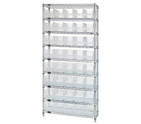 Quantum WR9-202CL 36" W x 12" D x 74" H Chrome Plated Finish Bin Wire Shelving System