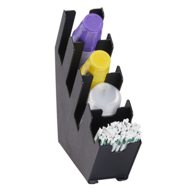 Dispense-Rite LID-4BT-WS 4 Sections Black Polystyrene Countertop Slim Design Cup, Lid and Straw Organizer