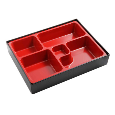 Yanco CR-610 10.25" W Black and Red Melamine Rectangular Sushi Compartment or Bento Box