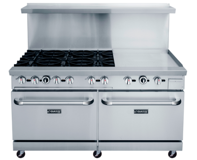 Dukers DCR60-6B24GM 60" W Natural Gas Stainless Steel Exterior 12” X 12” Removable Cast Iron Top Grates Gas Range - 324,000 BTU