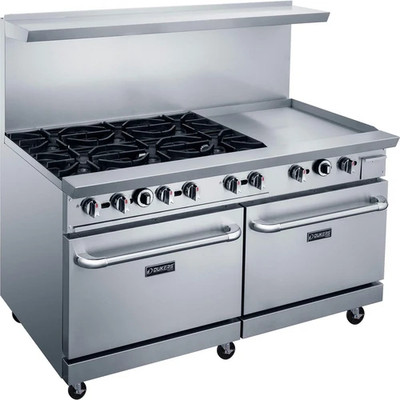 Dukers DCR60-6B24GM 60" W Natural Gas Stainless Steel Exterior 12” X 12” Removable Cast Iron Top Grates Gas Range - 324,000 BTU