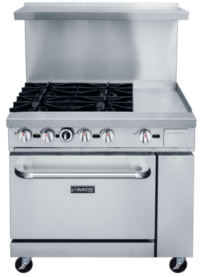 Dukers DCR36-4B12GM 36" W Natural Gas Stainless Steel Exterior 12” X 12” Removable Cast Iron Top Grates Gas Range - 195,000 BTU
