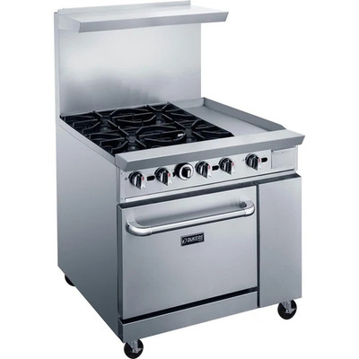 Dukers DCR36-4B12GM 36" W Natural Gas Stainless Steel Exterior 12” X 12” Removable Cast Iron Top Grates Gas Range - 195,000 BTU