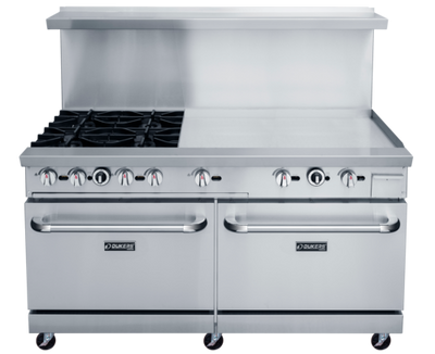 Dukers DCR60-4B36GM 60" W Natural Gas Stainless Steel Exterior 12” X 12” Removable Cast Iron Top Grates Gas Range - 286,000 BTU