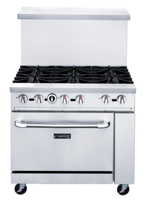 Dukers DCR36-6B 36" W Natural Gas Stainless Steel Exterior 12” X 12” Removable Cast Iron Top Grates Gas Range - 233,000 BTU