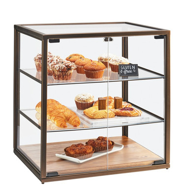 Cal-Mil 3610 Clear Trays Metal Frame Wood Base 3-Tier Dual Serve Sierra Bakery Display Case