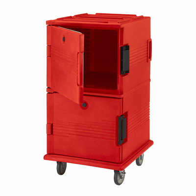 Cambro UPC1600HD158 28.75" W x 33.38" D x 54.50" H Front Loading One-Piece Double Wall Polyethylene Shell Molded-In Handles Heavy Duty 6" Casters Hot Red Ultra Camcart Food Pan Carrier