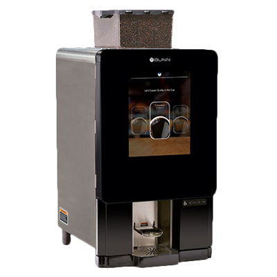 BUNN 44400.0202 20.1" W x 23.8" D x 40.3" H (2) 3Lb. Bean Hopper and (1) 2 Lb. Hopper Air Infusion Extraction Control 17" Touch Screen Stainless Steel Black Finish - 120Volts, 1-Phase