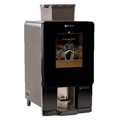 BUNN 44400.0202 20.1" W x 23.8" D x 40.3" H (2) 3Lb. Bean Hopper and (1) 2 Lb. Hopper Air Infusion Extraction Control 17" Touch Screen Stainless Steel Black Finish - 120Volts, 1-Phase