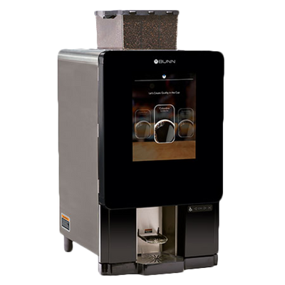 BUNN 44400.0202 20.1" W x 23.8" D x 40.3" H (2) 3Lb. Bean Hopper and (1) 2 Lb. Hopper Air Infusion Extraction Control 17" Touch Screen Stainless Steel Black Finish - 120Volts, 1-Phase