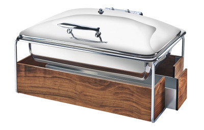 Cal-Mil 3705-49 23" W x 17 1/2" D x 13 3/4" H 8 Qt. Rectangular Walnut Windguards Chrome Frame Mid-Century Chafing Dish