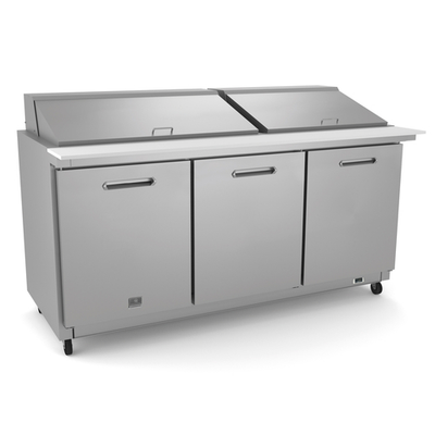Kelvinator KCHMT70.30 158 Cu. Ft. Capacity 3 Solid Hinged Doors Heavy Duty Casters Mega Top Refrigerated Sandwich Prep Table - 115 Volts 1-Phase