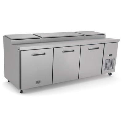 Kelvinator KCHPT92.12 32.0 Cu. Ft. Capacity 3 Solid Hinged Doors Heavy Duty Casters Refrigerated Pizza Prep Table - 115 Volts 1-Phase