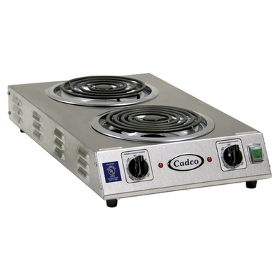 Cadco CDR-2TFB-E 13.5" Watts x 4.13" H x 22.75" D Stainless Steel Housing Wattsith (2) 8" Tubular Burners Electric Countertop Portable Hot Plate - 220 Volts 3000 Watts